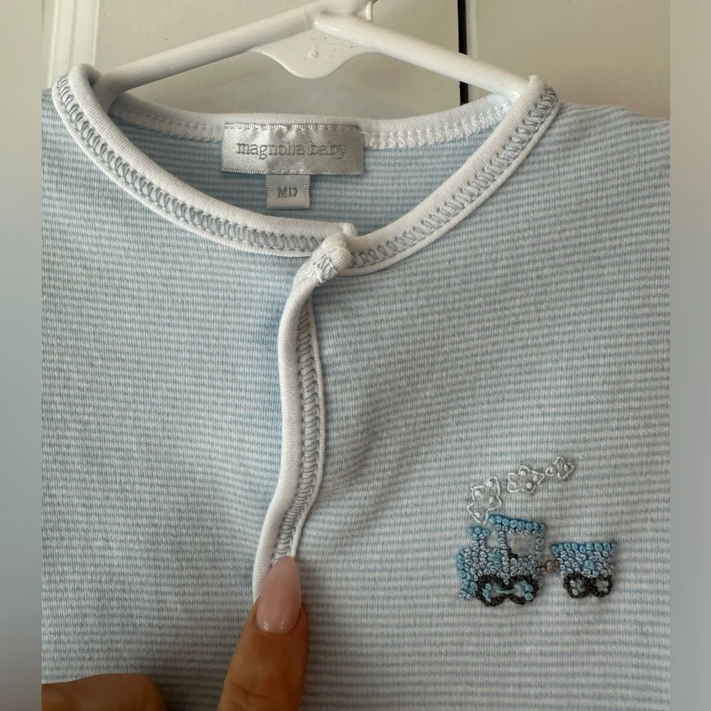 Magnolia Baby Train Embroidered Convertible Gown Blue & White Striped (Sz M/6M)